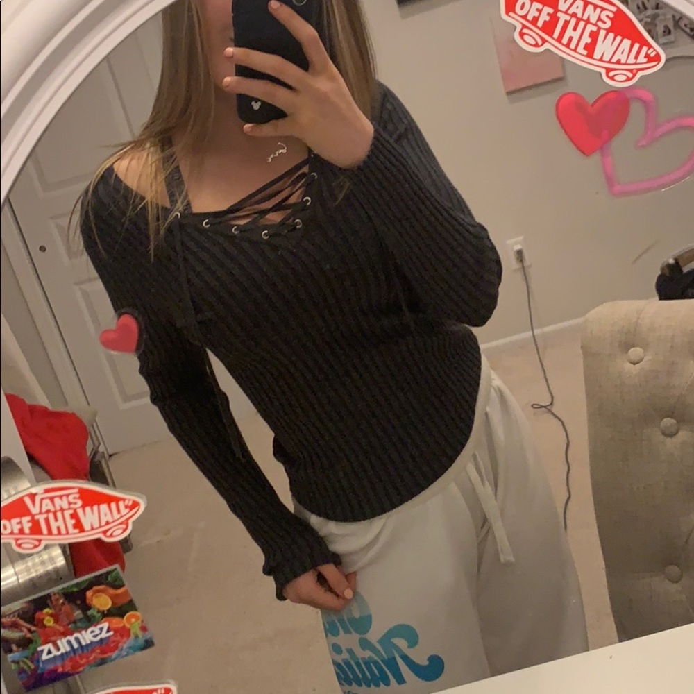 cross hatched dark grey sweater